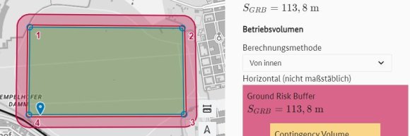 Dropdown Auswahl zur Berechnungsmethode "Von innen" mit Kartendarstellung des Betriebsvolumens. Die eingezeichnete Geometrie entspricht der Flight Geography. Das Contingency Volume und der Ground Risk Buffer sind außen der Geometrie hinzugefügt. Dropdown Auswahl zur Berechnungsmethode "Von innen" mit Kartendarstellung des Betriebsvolumens. Die eingezeichnete Geometrie entspricht der Flight Geography. Das Contingency Volume und der Ground Risk Buffer sind außen der Geometrie hinzugefügt.