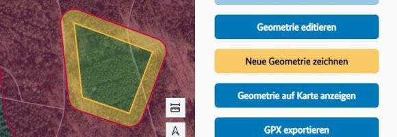 Volumenplanerausschnitt mit Kartendarstellung des Betriebsraum mit Ground Risk Buffer nach dem "Speichern" der Geometrie. Der Schalter "Geometrie editieren" im Menü "Geometrie" ist verfügbar Volumenplanerausschnitt mit Kartendarstellung des Betriebsraum mit Ground Risk Buffer nach dem "Speichern" der Geometrie. Der Schalter "Geometrie editieren" im Menü "Geometrie" ist verfügbar