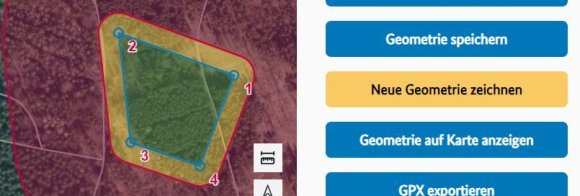 Volumenplanerausschnitt mit Kartendarstellung des Betriebsraums mit Ground Risk Buffer. Die eingezeichnete Geometrie befindet sich im Bearbeitungsmodus und wurde noch nicht gespeichert. Der Schalter "Geometrie speichern" ist im Menü "Geometrie" vorhanden Volumenplanerausschnitt mit Kartendarstellung des Betriebsraums mit Ground Risk Buffer. Die eingezeichnete Geometrie befindet sich im Bearbeitungsmodus und wurde noch nicht gespeichert. Der Schalter "Geometrie speichern" ist im Menü "Geometrie" vorhanden