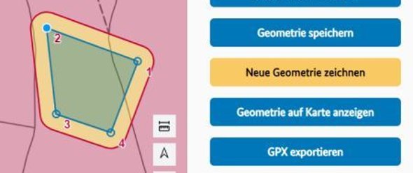 Volumenplanerausschnitt mit Kartendarstellung des Betriebsvolumens. Ein Geometriepunkt ist zum Verschieben ausgewählt. Volumenplanerausschnitt mit Kartendarstellung des Betriebsvolumens. Ein Geometriepunkt ist zum Verschieben ausgewählt.