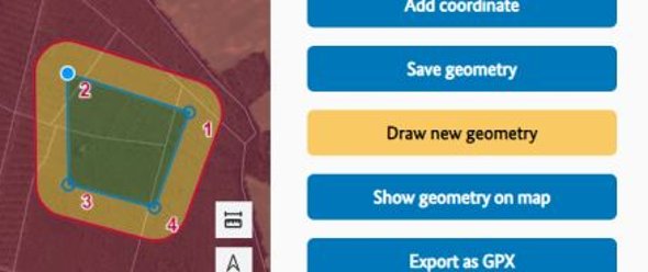 Volume planner section with map display of the operational volumes. A geometry point is selected for moving. Volume planner section with map display of the operational volumes. A geometry point is selected for moving.
